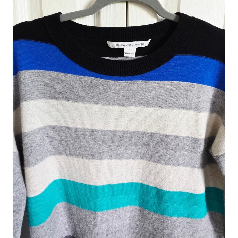 DVF Diane von Furstenberg S Striped Wool‎ Cashmere Sweater Black Blue NEW